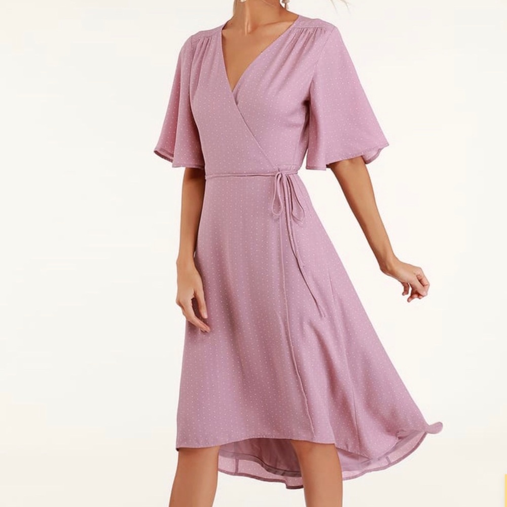 Lulu’s Farrah Mauve Print Midi Wrap Dress